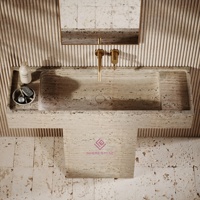 Vasque sur piétement en travertin italien haut de gamme |   Évier de salle de bain en pierre de luxe |   Design de piédestal minimaliste moderne