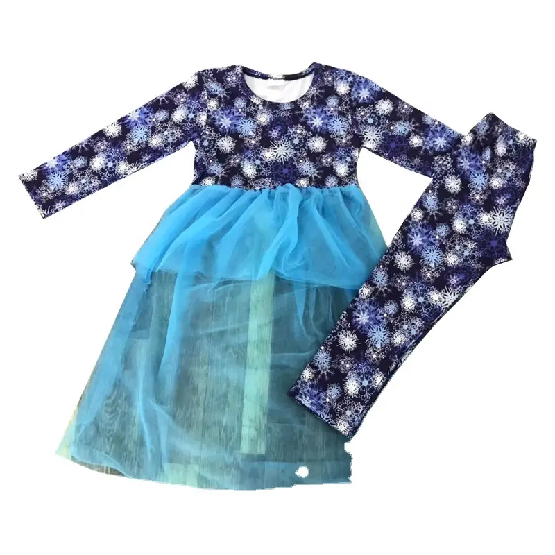 Spring and winter Girls New Year snowflake printing Light blue gauze skirt Two Piece kids clothing Sets kids western clothes