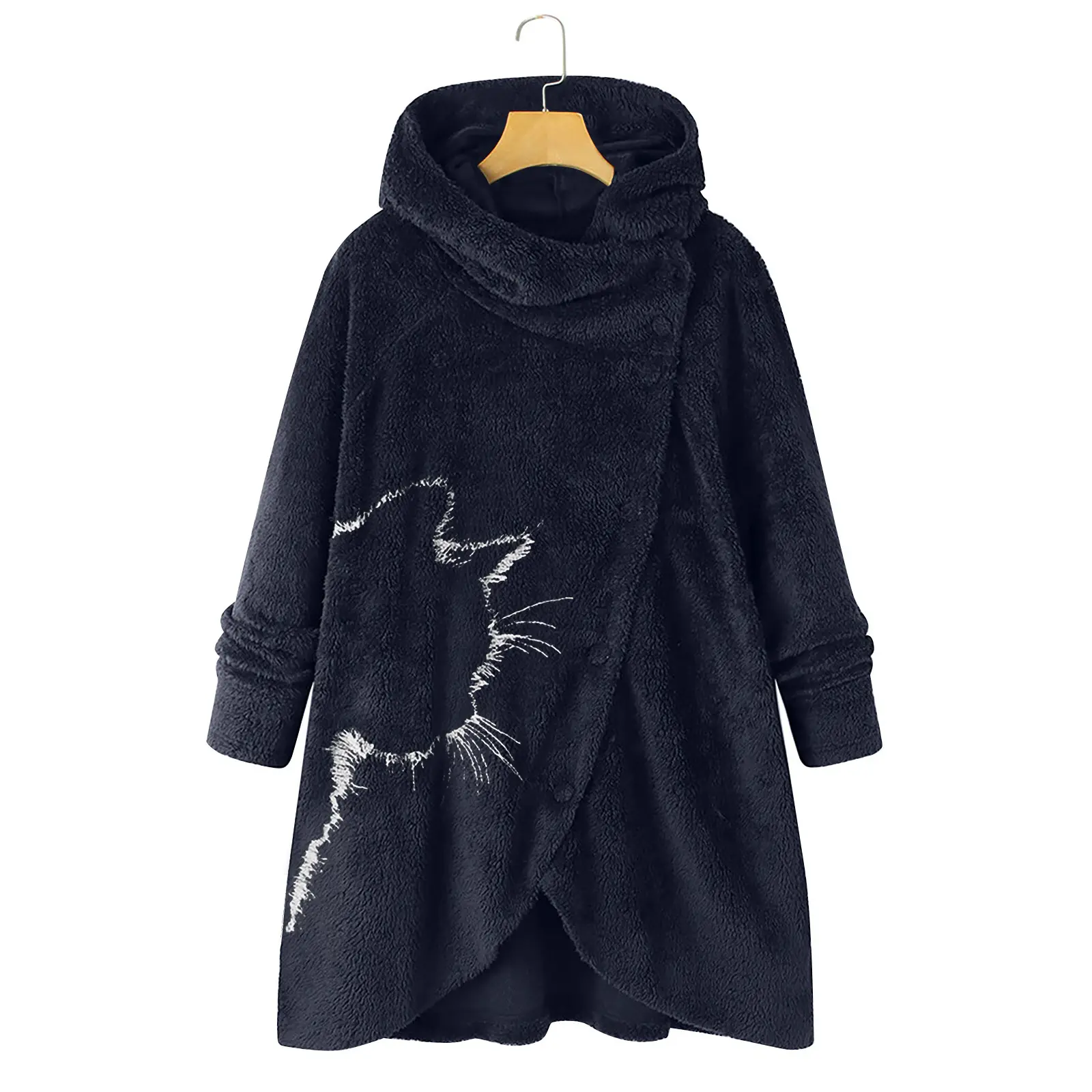 E0113ME12 Most Popular Hooded Asymmetric Button Up Furry Keep Warm Winter Long Coats For Women Sehe Fashion