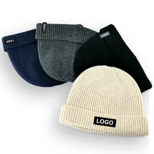 Premium Skull Cap Fitted Embroidery Customize Hats Head Luxury Ribbed Knitted Wool Mens Fisherman Beanie With Custom Logo