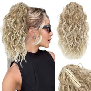 Perruques queue de cheval tendance 14 pouces 35cm 107g en fibre haute température, ondulées et volumineuses avec mèches colorées pour femmes - Product Image 4