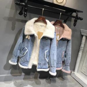 Cappotto in Denim invernale con Logo personalizzato da <span class=keywords><strong>donna</strong></span> in finto <span class=keywords><strong>Shearling</strong></span> foderato di parka in pelliccia di agnello con collo in pelliccia sintetica Jeans giacche da <span class=keywords><strong>donna</strong></span> cappotto - Product Image 2