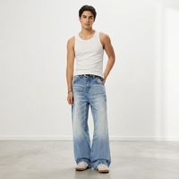 Pantalon long en denim bleu clair délavé, coupe droite, taille mi-haute, coupe en A, résistant, anti-poils de chat, poids moyen américain 14 oz, coupe ample