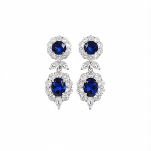 E1552 Orecchini pendenti blu zaffiro a forma di fiore con montatura a griffe, gioielli da donna con cristalli per matrimonio - Product Image 1