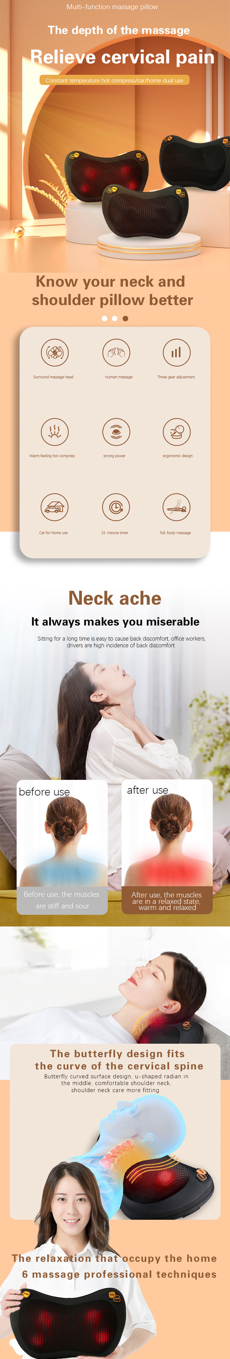 3 Speeds 4 Soft Shiatsu Knead Vibrating Heads Heated Back Waist Neck Massage Pillow For Car And Home