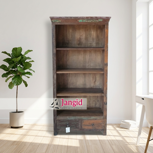 Rustic Vintage Look Wooden <b>Open</b> Bookcase <b>Bookshelf</b> with 2 Drawer and 4 Shelf For Living Room Hotel Farmhouse Indian Furniture - Product Image 5