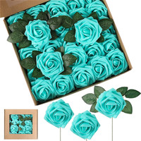 Lot de 25 roses artificielles en mousse PE de 8 cm avec tige, emballées en sachet OPP, pour décoration de gâteaux de mariage, Saint-Valentin et Nouvel An chinois