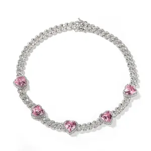 Nuevo collar de mujer de diamante Hip Hop 9mm dulce corazón Rosa circón cadena cubana