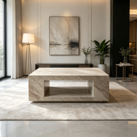 Table basse moderne de style nordique de luxe en marbre beige, meuble décoratif en pierre naturelle sur mesure, carré, pour salon