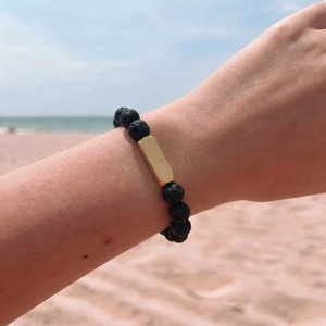 Bracelet en pierres naturelles, pierre volcanique, charme rectangulaire en acier inoxydable, bijoux unisexe, accessoire cadeau - Product Image 2
