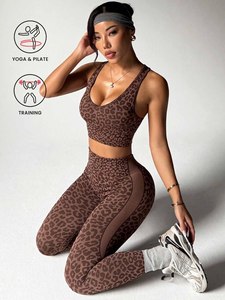 Women Leopard <strong>Cross</strong> Back Sleeveless Deep V <strong>Top</strong> and Light Weight Push Hip Leggings Yoga Set Quick Dry Fashion Yoga Set - Product Image 5