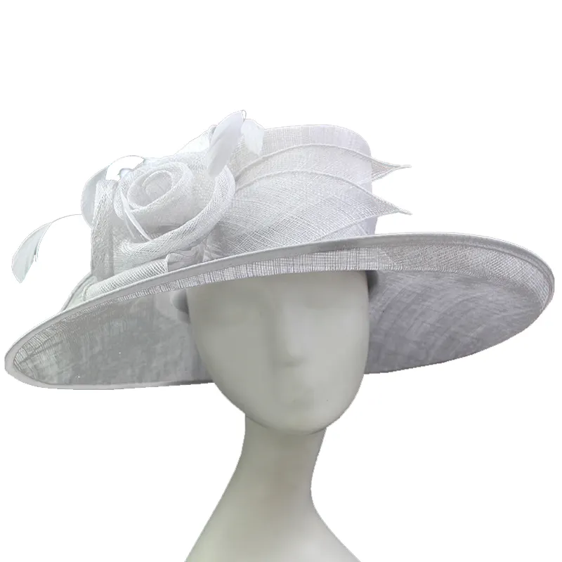Chapeau Derby pour femme, casquette fantaisie pour fête de mariage, style église Sinamay, blanc