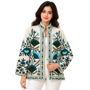 Veste en coton brodée de qualité supérieure, doublure TNT, col montant, fabrication artisanale, veste bomber pour femme - Product Image 1
