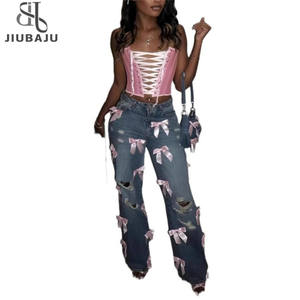 Mujer Casual Bowknot Decor Y2k Pantalones de mezclilla Sueltos Rectos Dulce Coquette Estética Ripped <span class=keywords><strong>Jeans</strong></span> Pantalones - Product Image 1