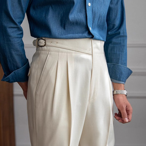 <span class=keywords><strong>Pantalon</strong></span> de Costume Homme Plissé Taille Haute Style Old Money Britannique Anti-Plis Coupe Naples pour Soirées Formelles et Affaires - Product Image 3