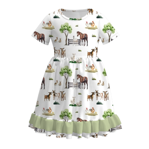 Bebé niños niño niña verano granja moda leche orgánica seda caballo Chook estampado vestido con volantes listo para enviar venta al por mayor personalizado - Product Image 2