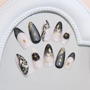 24 faux ongles 3D effet œil de chat, à presser, avec paillettes dorées, motif étoile et coquillage français, amovibles, style doux et cool - Product Image 4