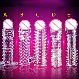 Großhandel 5-teiliges Set <span class=keywords><strong>Super</strong></span> Qualität Weiche Silikon Kristall Wieder verwendbare Silikon hülle Sexspielzeug für männliche tragbare Dildo Kondom - Product Image 1