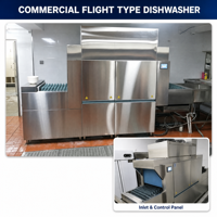 Mesin Pencuci Piring Otomatis Tipe Flight Dishwasher Tanpa Ventilasi dengan Pemulihan Panas, Kapasitas 4500 Piring, Konveyor Stainless Steel untuk Kantin