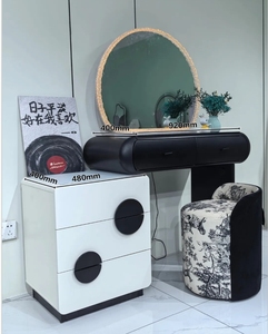 Wholesale Simple Style Bedroom Dressing Furniture LED Round Mirror Makeup <b>Vanity</b> Desk With Storage Drawers And Stool - Product Image 4