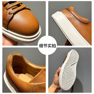Zapatillas casuales para exteriores con cordones, de cuero vacuno de grano completo, suela gruesa y duradera, versión coreana, zapatos de hombre a la moda. - Product Image 4