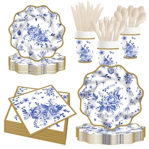 Damai ถ้วยกระดาษสำหรับงานเลี้ยงน้ำชาแบบใช้แล้วทิ้งอุปกรณ์สำหรับใช้ในงานเลี้ยงน้ำชาลายดอกไม้สีฟ้า - Product Image 3