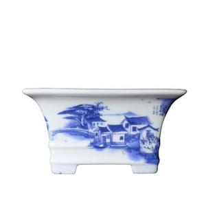 Jingdezhen Blau-Weiß-Porzellan-Bonsai-Topf, handbemalt, Szene aus dem Jiangnan-Wasserstadtbereich, rechteckige Form - Product Image 5