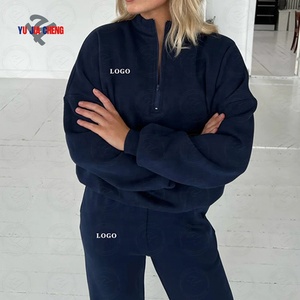 High Quality Fleece Quarter Zip Pullover Sweatshirt and Sweatpants Women Custom Applique <strong>Embroidery</strong> Two Piece Tracksuits <strong>Set</strong> - Product Image 3