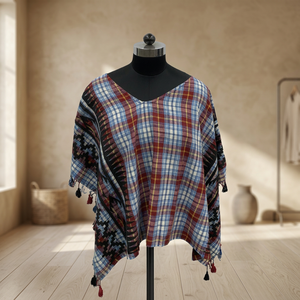 V-Neck Plaid Boho <b>Poncho</b> With Tassels Asymmetrical Hem Loose Woven Dress For Daily Wear All Seasons - Product Image 2