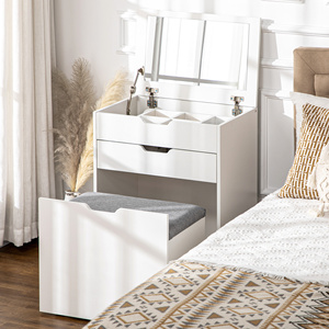 Table de toilette moderne minimaliste en bois avec armoire de rangement intégrée, meuble de maquillage pliable pour petite chambre à coucher avec tiroirs - Product Image 6