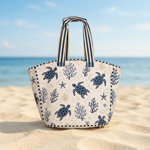 Sac de plage en coton imprimé tortue marine avec poignées rayées marine - Product Image 2