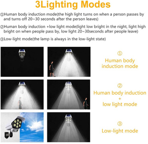 Anoitecer à câmera pseudo 77 leds, sensor de segurança de movimento solar luzes externas com controle remoto