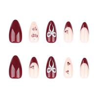 Ongles press-on réutilisables et imperméables – Style cercueil moyen French Manicure avec motif papillon et nœud