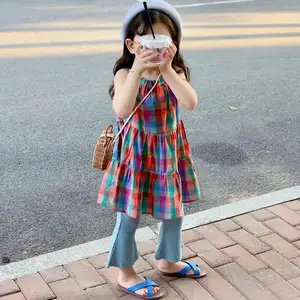 Girls cute cotton beach skirt suspender colorful plaid vest baby long skirt summer children's dress