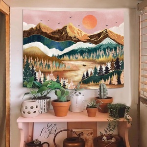 Art mural décoratif intérieur bohème écologique, motif abstrait de montagne au coucher du soleil sur un arbre de forêt naturelle - Product Image 2