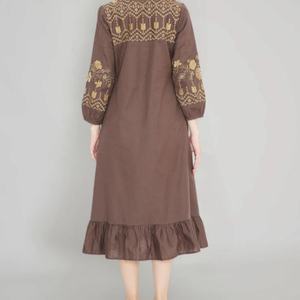 Vestido de Lino y Algodón Personalizable, Elegante, Cuello Redondo, Casual, Corte en A, Manga Larga, Abotonado, Midi, Verano, para Mujer - Product Image 5