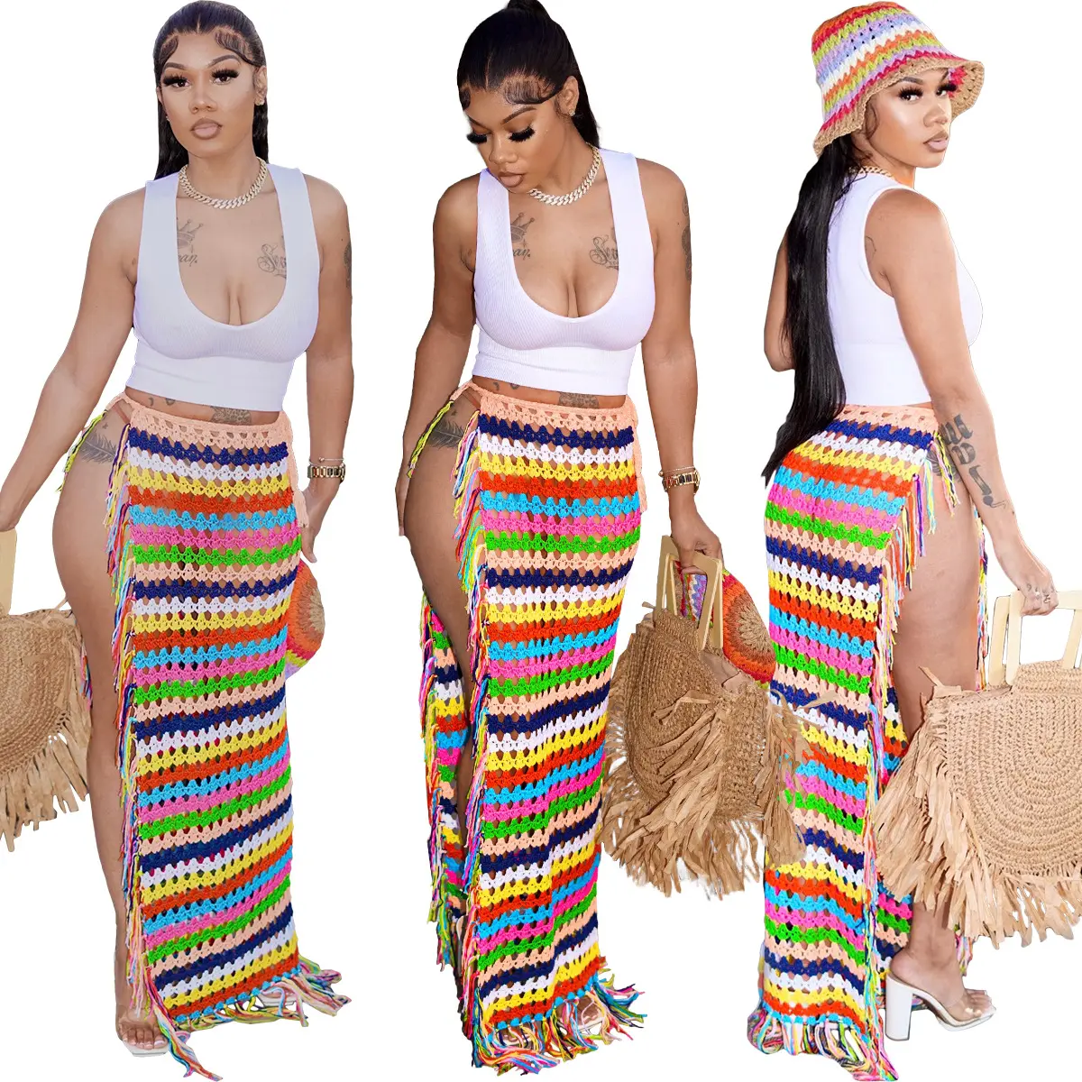 2023 Sexy Girls' Crochet Dress & Skirts Summer Beachwear Skirt For Women Casual Lace up Tassel Skirt