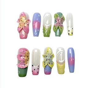 <span class=keywords><strong>Uñas</strong></span> Postizas Hechas a Mano, 10 Piezas, Personalizables, Medianas, Cuadradas, con Diseño Tropical 3D de <span class=keywords><strong>Flores</strong></span>, Gotas de Rocío y Frutas Exóticas - Product Image 1