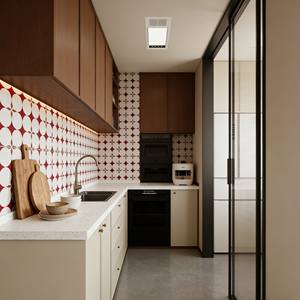 Gabinetes de Cocina de Madera de Dos Tonos de Lujo, Diseño Moderno y Duradero con Estantes Abiertos Retroiluminados y Detalles de Azulejos Estampados - Product Image 2