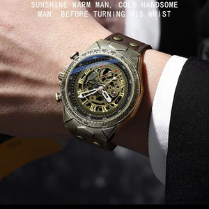 นาฬิกาข้อมือผู้ชายสไตล์เรโทรสีบรอนซ์ โครงกระดูก ระบบออโตเมติก กันน้ำ 30 เมตร สายหนังเรืองแสง ระบบไขลานอัตโนมัติ - Product Image 6