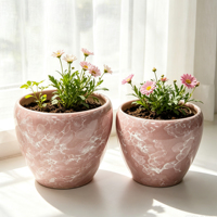 Jardinières en céramique ondulées élégantes en marbre rose, design minimaliste texturé, ensemble de pots à fleurs