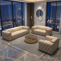 Ensemble de canapés en cuir capitonné beige moderne 3+2+1, mobilier de bureau haut de gamme avec design de style vue sur la ville