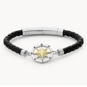 Pulsera de cuerda de cuero magnético con brújula de acero inoxidable para hombre