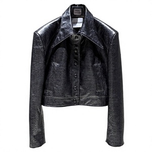 Blouson aviateur en cuir véritable noir, manches longues, col rabattu, fermeture boutonnée, coupe courte, pour l'automne - Product Image 1
