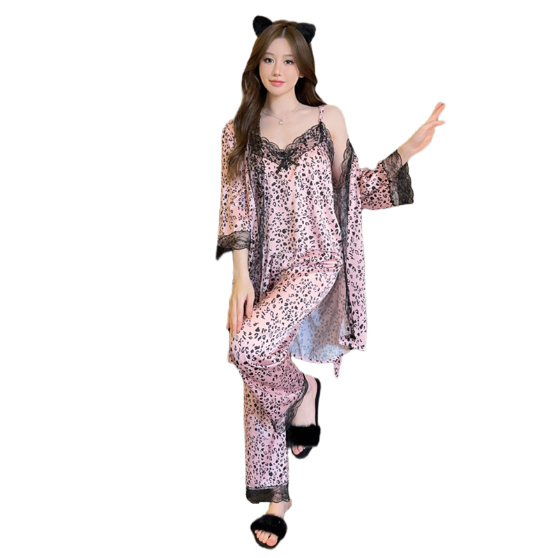 Lace Packing Method Women's Sexy Leopard Print Lace Trim Chiffon Robe and Cami Lounge Set ...