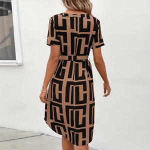 Robe midi à manches courtes en polyester à carreaux, style européen et américain, élégante, <span class=keywords><strong>mature</strong></span>, <span class=keywords><strong>vintage</strong></span>, antistatique, à lacets, ODM - Product Image 2