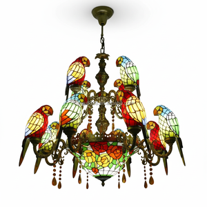 Lustre Tiffany en verre teinté à LED, design européens 12 têtes avec motif perroquets, pour salon, hôtel, hall, KTV, éclairage de hall d'entrée - Product Image 2