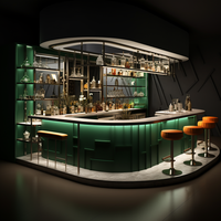 Comptoir de bar incurvé moderne avec éclairage LED et étagères arrière pour café et bar à cocktails - Conception personnalisée