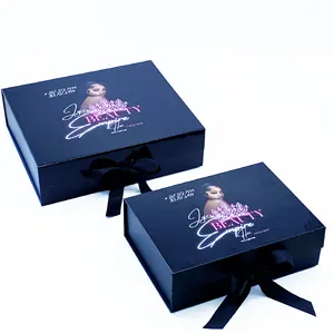 custom flash black gift paper box with satin lining ribbon bag for hair extensions human hair wig boxes logo packaging luxury