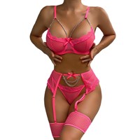 Ensemble de lingerie sexy pour femmes, en maille, avec patchwork de dentelle, chaîne, nœud, jarretière